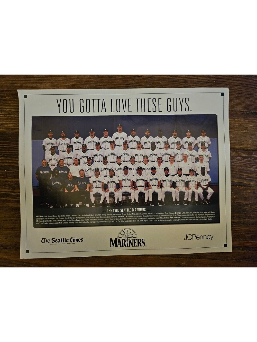 1996 Seattle Mariners Team Photo from Seattle Times approx. 11” X 14” - Griffey